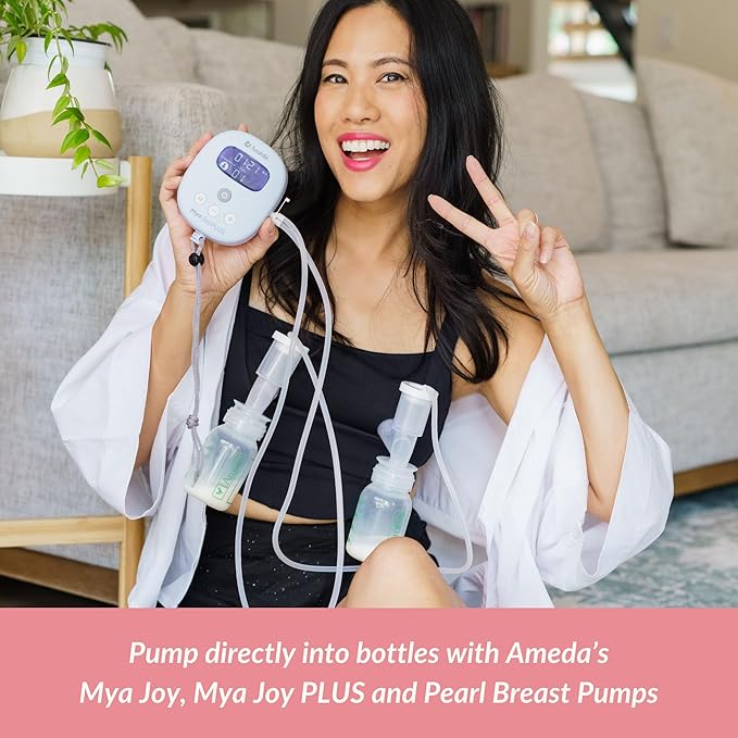 Ameda Breast Milk Storage Bottles Includes: (4) 4oz. Bottles with (4) 2-Piece Lock-Tight Caps, for Breast Milk Storage, Fits with Ameda Brand Pumps, Finesse & Most Standard Breast Pump Kits