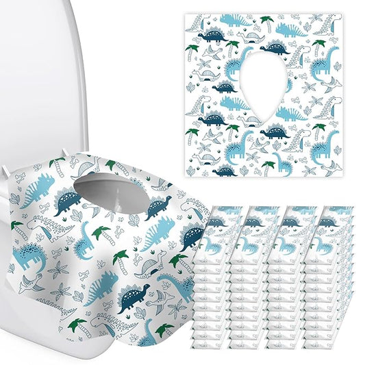 40 Pack Toilet Seat Covers Disposable for Kids Toddlers & Adults, Extra Large Waterproof Toilet Cover Individually Wrapped Travel Essential Portable Potty Training in Public Restrooms, Trip - Dinosaur
