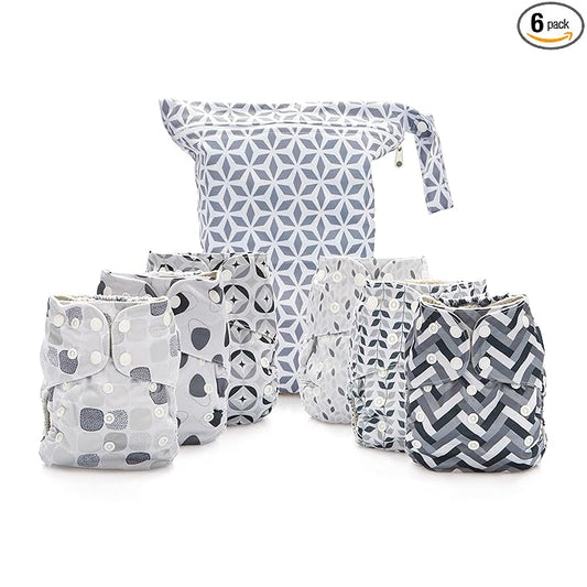Simple Being Reusable Cloth Diapers, Double Gusset, One Size Adjustable, Washable Soft Absorbent, Waterproof Cover, Eco-Friendly Unisex Baby Girl Boy, six 4-Layers Microfiber Inserts (Greys)