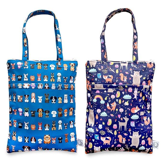 FLOCK THREE 2pcs Wet Dry Bag Waterproof Tote Reusable Wet Clothes Baby Diapers Stroller Swimsuit Travel Small Larger Electronics Toiletries Pouch Cute Animals