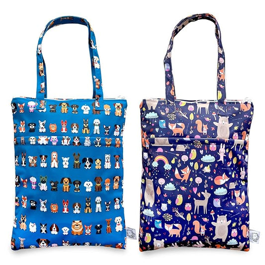 FLOCK THREE 2pcs Wet Dry Bag Waterproof Tote Reusable Wet Clothes Baby Diapers Stroller Swimsuit Travel Small Larger Electronics Toiletries Pouch Cute Animals