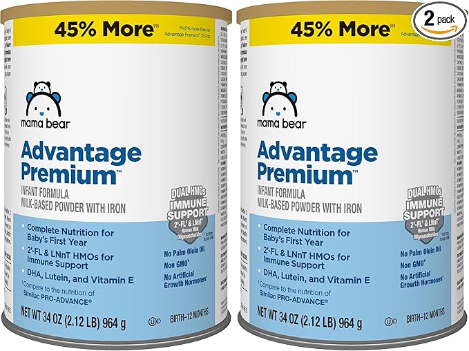 Amazon Brand - Mama Bear Advantage Premium Baby Formula Powder, 2'-FL HMO, LNnT HMOs for Immune Support, Non-GMO, 34 oz (Pack of 2)