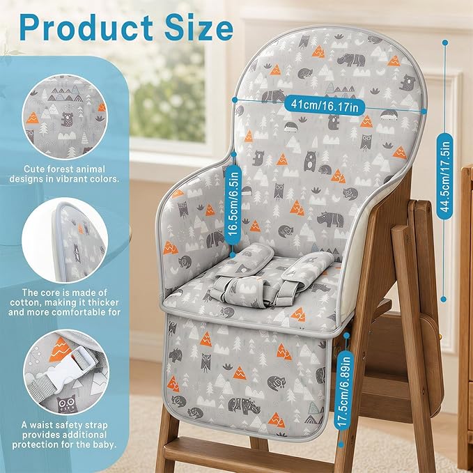 High Chair Pad, High Chair Cushion, Cute Pattern, Comfortable Seat Belt Design, Soft and Comfortable Seat Cushion Breathable Pad, Baby Sits More Safe and Comfort(Gray Animal Pattern)