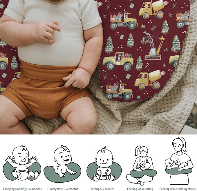 Red Christmas Construction Trucks Baby Nursing Pillow Covers for Boy Girl Dump Truck Excavator Animals Gifts Nursing Pillowcase for Breastfeeding Pillows Winter Holiday Soft Stretchy Slipcovers