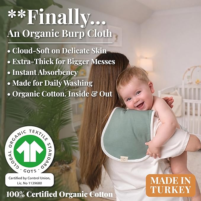 GOTS Organic Cotton Burp Cloths Baby Boy & Girl – 3 Pack Turkish Organic Cotton Burp Cloth for Babies, Soft & Plush Thick Long Stable Turkish Cotton for Newborn, Baby Essentials