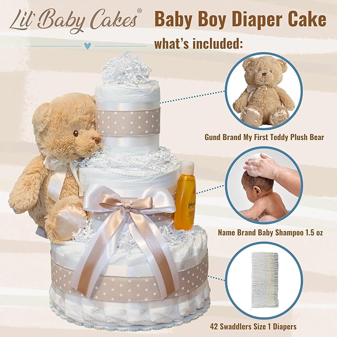 Lil' Baby Cakes Gender Neutral Diaper Cake for Baby Showers or Newborn Gift - Handmade Baby Gift with 42 Swaddler 1 Diapers - Neutral Cake with Plush Teddy Bear - Size 10 in x 12