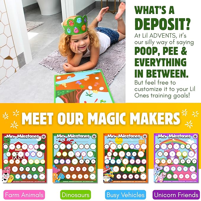 17PC Toddler Dinosaurs Potty Training Chart Behavior Chart for Toddlers, Potty Chart, Toddler Reward Stickers, Reward Chart for Kids, Crown & Activity Board by LIL ADVENTS Mini Milestones + eBook