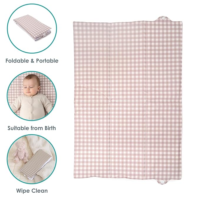 Clair de Lune Gingham Foldable Changing Mat, Easy Clean Soft Water Resistant Travel Pad 60 x 34 cm