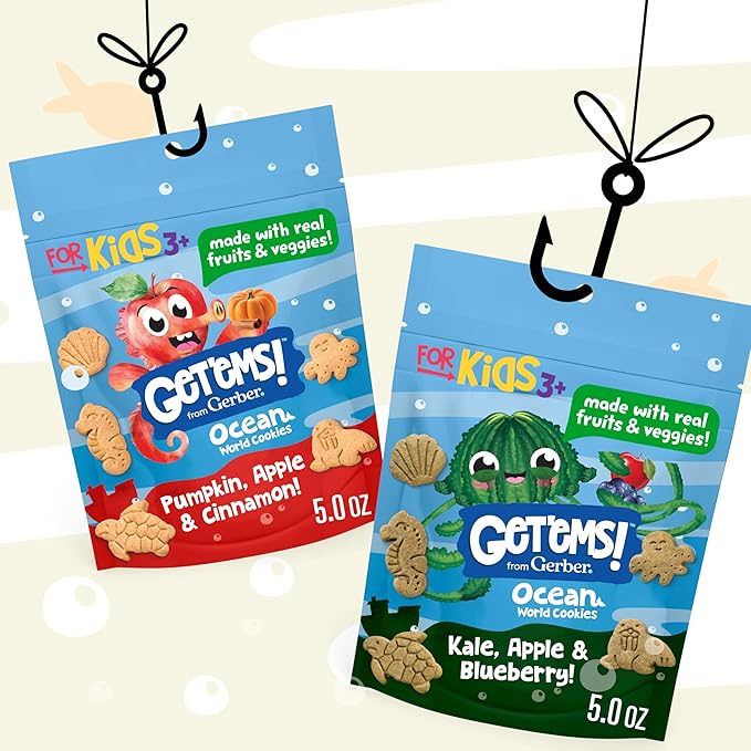 Get'ems! from Gerber Pumpkin, Apple & Cinnamon Ocean World Cookies, Kids Snack Made with Real Veggies & Fruits, Iron & Vitamin E, No Artificial Flavors, No GMO Ingredients