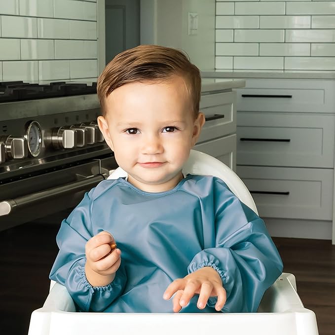 Tiny Twinkle Long Sleeve Bib for Babies & Toddlers | 2-Pack Waterproof Smock Bib for Eating | Machine Washable & Mess-Proof Feeding Essentials | Newborn Shower Gift (Slate Olive,2-4Y)