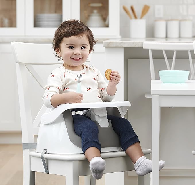 Regalo 2-in-1 Baby Floor Seat & Booster Seat with Tray, Sit-Up Support Chair for Infants & Toddlers, Portable Feeding Seat with Harness, Grow-with-Me Design, Indoor & Outdoor, White/Gray