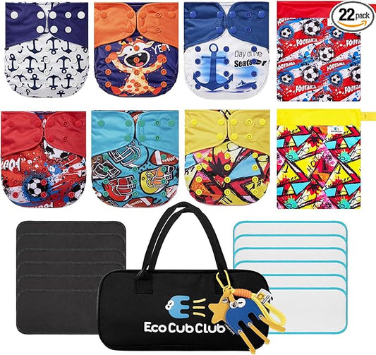 Reusable Washable Cloth Diapers 6pcs for Baby Shower,Leak-Proof Double Gussets Quick-Dry AWJ Lining,12 Soft Fleece Inserts & 2 Wet Bags,Packed in Durable Travel Handbag&Key Chain | B-01-A