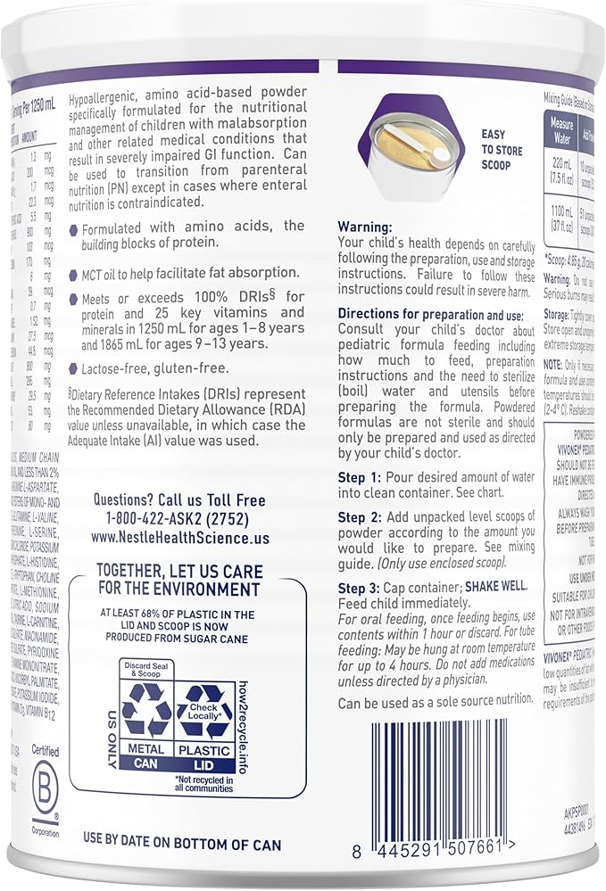 Vivonex Pediatric Elemental Powder, Hypoallergenic Formula for Children Ages 1-13,Tube Feeding or Oral Supplementation, Unflavored, 14.1 oz, Pack of 6