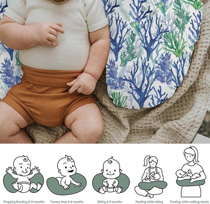 Blue Green Coral Reef Baby Nursing Pillow Covers for Boy Girl Watercolor Coastal Nursery Feeding Pillowcase for Breastfeeding Pillows Nautical Sea Plant Soft Stretchy Covers for Newborn Infant