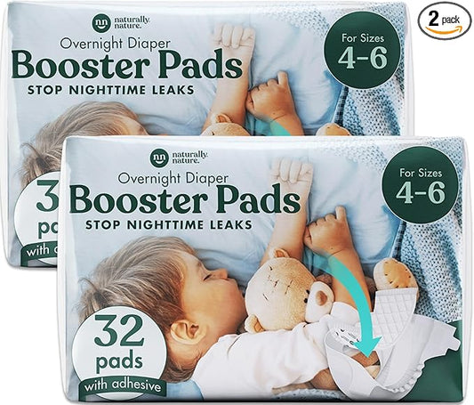 Naturally Nature Overnight Diaper Booster Pads, Stops Overnight Leaking, Diaper Liners for Toddler, Nighttime Diapers Size 5, Adhesive Pad for Girls, Boys, (2 Packs of 32 ct.)