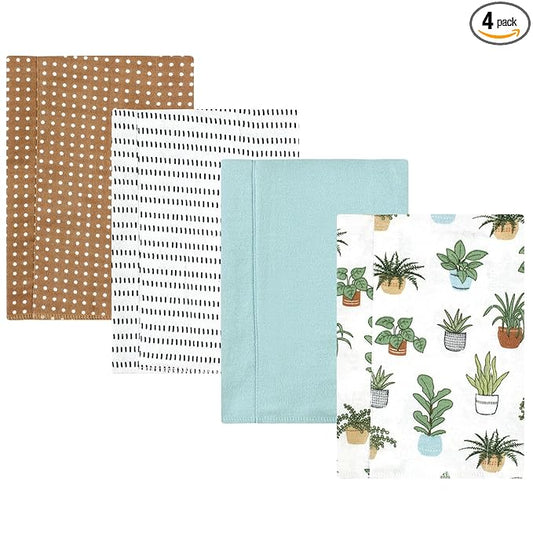 Hudson Baby Unisex Baby Cotton Flannel Burp Cloths, Plants 4 Pack, One Size