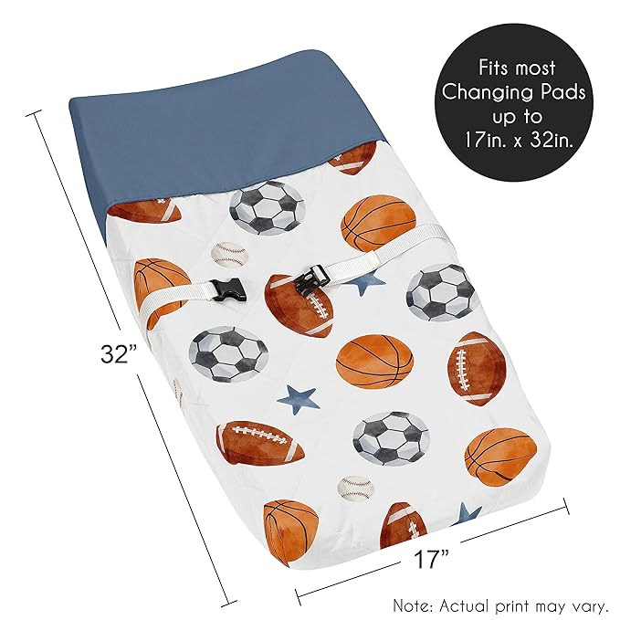 Sweet Jojo Designs Sports Theme Boy Baby Changing Pad Cover – Infant Newborn Diaper Table Change Mat Sheet - Watercolor Vintage Sport Themed Soccer Balls Football Baseball Basketball Blue Stars