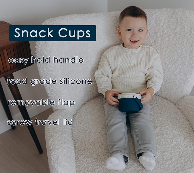 No Spill Silicone Toddler Snack Containers, Detachable Silicone Flap for Filling&Cleaning, Crumb-Free Hard Plastic Screw Travel Lid, Ultra-Soft for Baby Kids Hand In-Out, Snack Cup Holder 12 oz