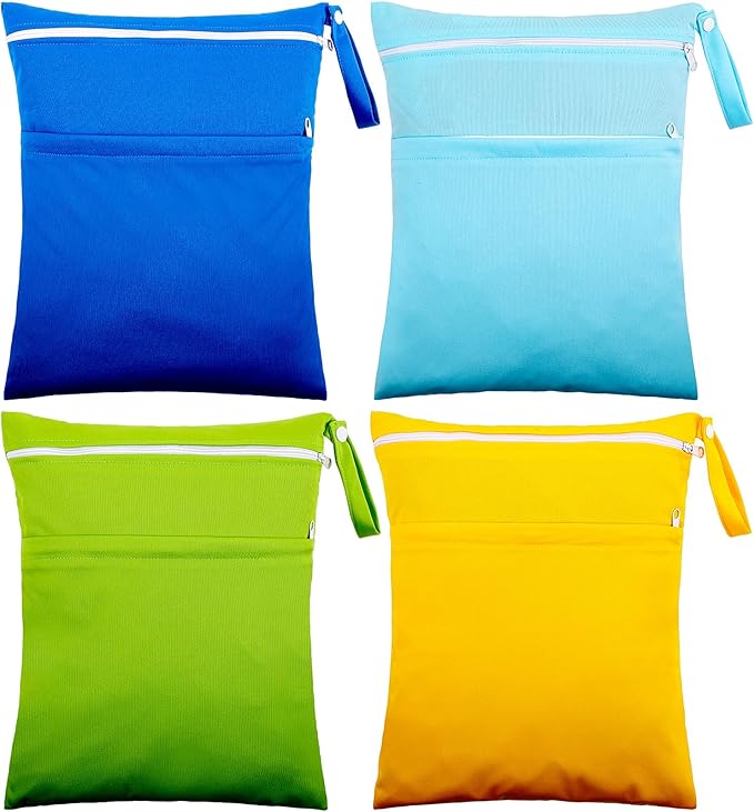 Shappy 4 Pcs Wet Dry Bag for Baby Cloth Diapers Waterproof Wet Bag Washable Travel Reusable with 2 Pocket for Swimsuits for Yoga Gym Travel Beach Pool(Sky Blue, Yellow, Green, Navy Blue)