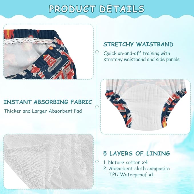 Little Girls Training Underwear Absorb Water Boxer Briefs Underwear Under Garment for Kids 4T Hand Drawn Fire Trucks