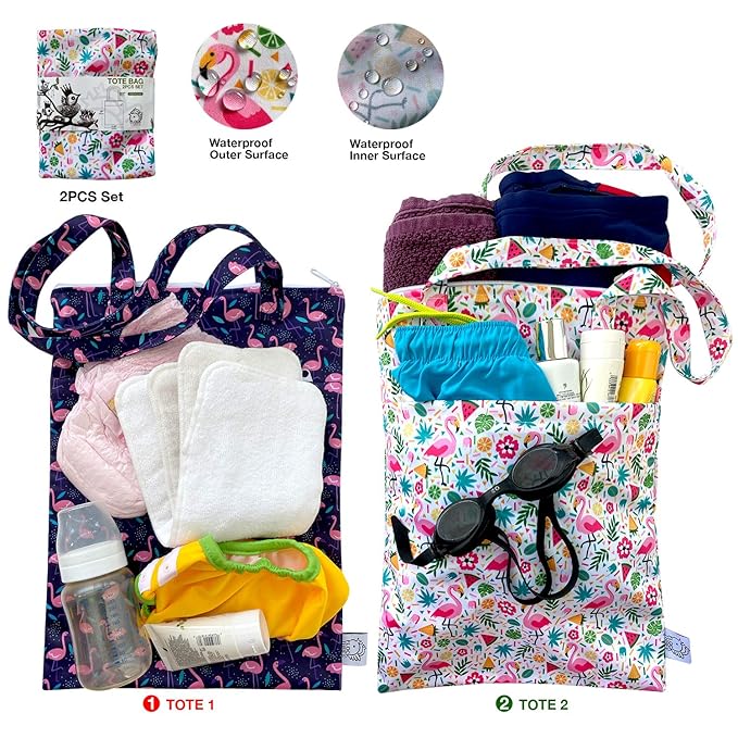 FLOCK THREE 2pcs Wet Dry Bag Waterproof Tote Reusable Wet Clothes Baby Diapers Stroller Swimsuit Travel Small Larger Electronics Toiletries Pouch Flamingo