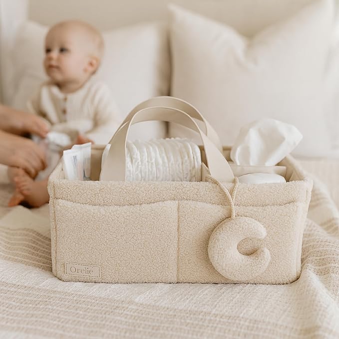 Orelle Bouclé Diaper Caddy Organizer with Matching Pouch & Moon Pendant | Teddy Portable Changing Table Organizer | Must-Have Baby Shower Gifts | Cream