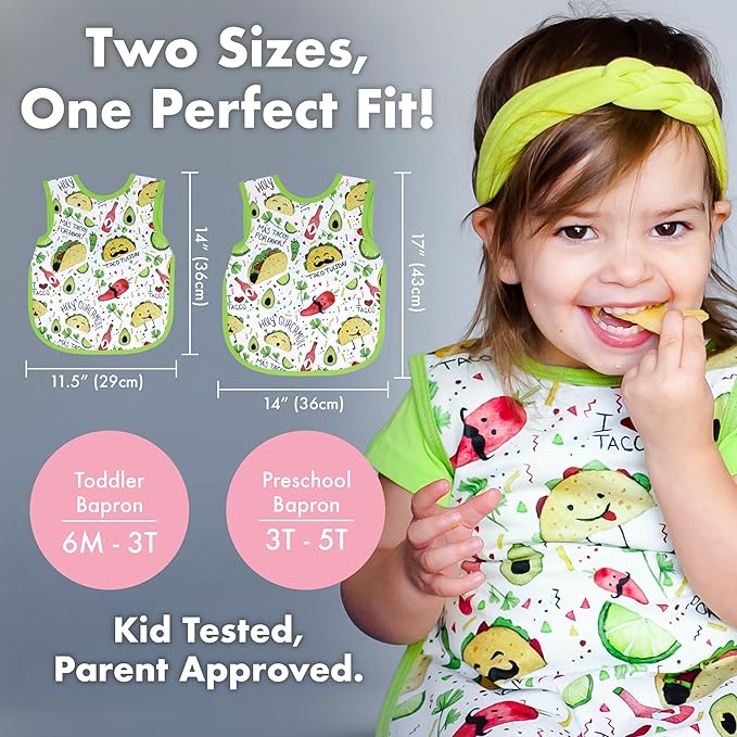 BapronBaby Taco Party Bapron - No Neck Tie Safer Bib for Baby & Toddler - Soft Waterproof Stain Resistant - Machine Washable - Sz Baby/Toddler 6m-3T