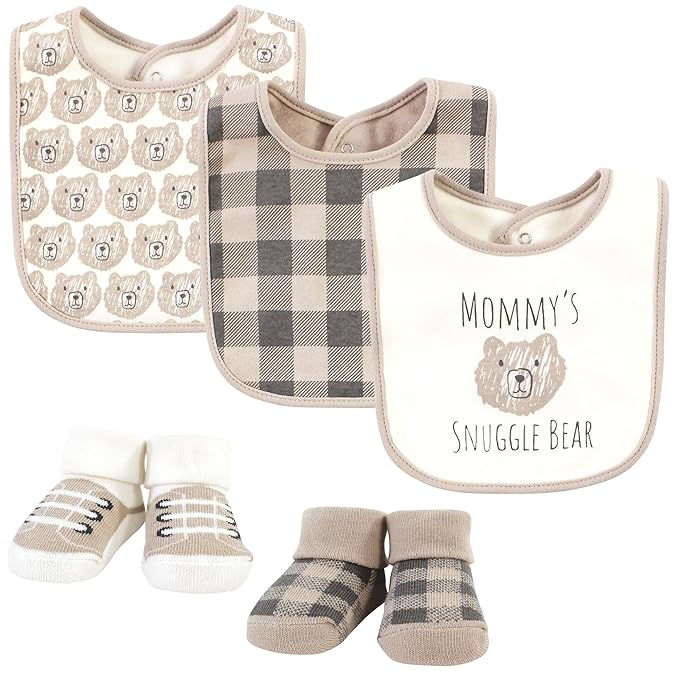 Hudson Baby Unisex Baby Cotton Bib and Sock Set, Snuggle Bear, One Size