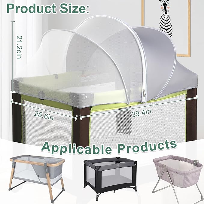 Pack N Play Tent Cover & Bassinet Canopy - Half-Blackout Breathable Mosquito Net with 2-Way Zipper for Bassinet, Travel Crib, Mini Crib & Playpen to Keep Cats Out (Gray-Large)