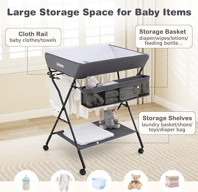 INFANS Baby Changing Table with Wheels, Portable Folding Diaper Station Nursery Organizer with Storage Basket, Hanging Rack, Adjustable Height, Safety Belt for Newborn Infant (Gray)