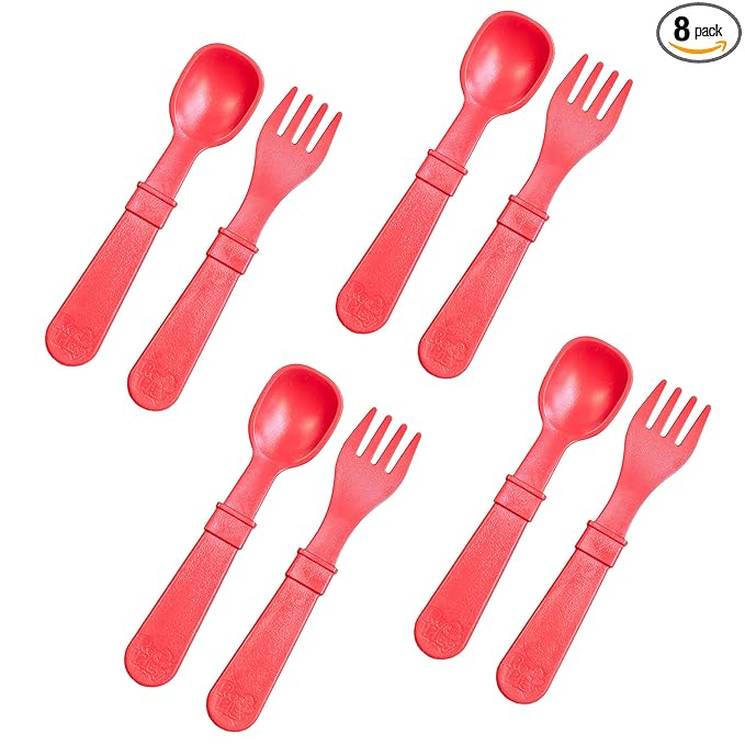 Re-Play Toddler Forks and Spoons Set - 4x4 Utensils Set for Kids - Dishwasher and Microwave Safe - Made in USA - Set of 8-5.8" x 1.2" x 0.2" - Red
