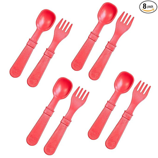 Re-Play Toddler Forks and Spoons Set - 4x4 Utensils Set for Kids - Dishwasher and Microwave Safe - Made in USA - Set of 8-5.8" x 1.2" x 0.2" - Red
