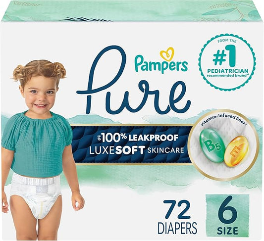 Pampers Pure Baby Diapers, Size 6 (35+ lbs), 72, Up to 100% Leakproof, Premium Hypoallergenic Soft Diapers