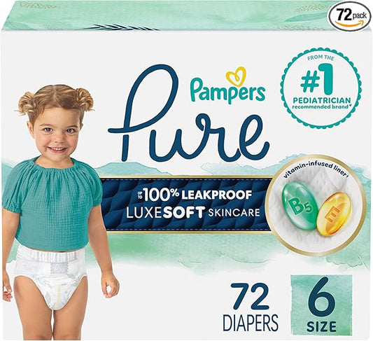 Pampers Baby Diapers - Pure Protection - Size 6, 72 Count, for up to 100% Leakproof, Premium Plant-based Skin Protection