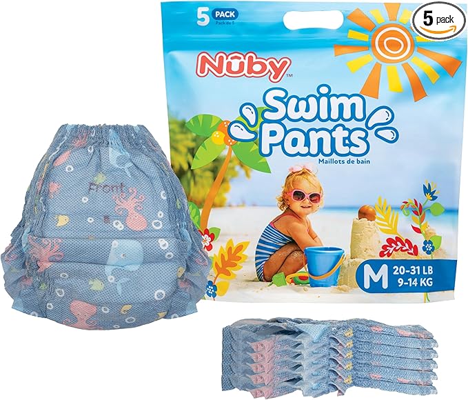 Nuby Swim Pants for Toddlers - 5 Pack - Toddler Swim Diapers with Stretchy Waistline, Tear-Away Sides, Water-Resistant Outer Layer & Leak-Preventing Cuffs - Size Medium (20-31 lbs)