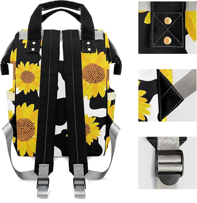 Sunflower Cow Print Diaper Bag Backpack Tote Custom with Name Multifunction Waterproof Travel Back Pack Diaper Bag Gifts Backpack for Men Women 10.8"x7.8"x15.7"