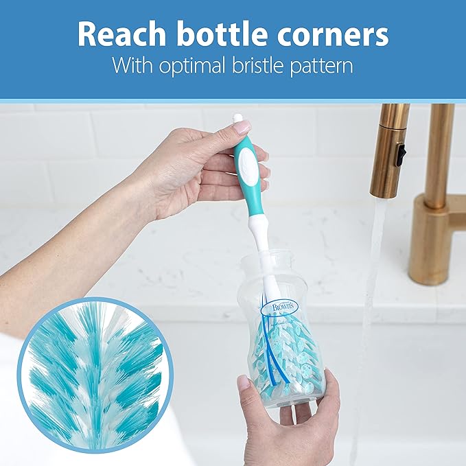 Dr. Brown's Deluxe Bottle Brush for Cleaning Baby Bottles, Nipples, and Sippy Cups with Suction Cup Stand and Vent Brush, BPA-Free, Blue, 3-Pack