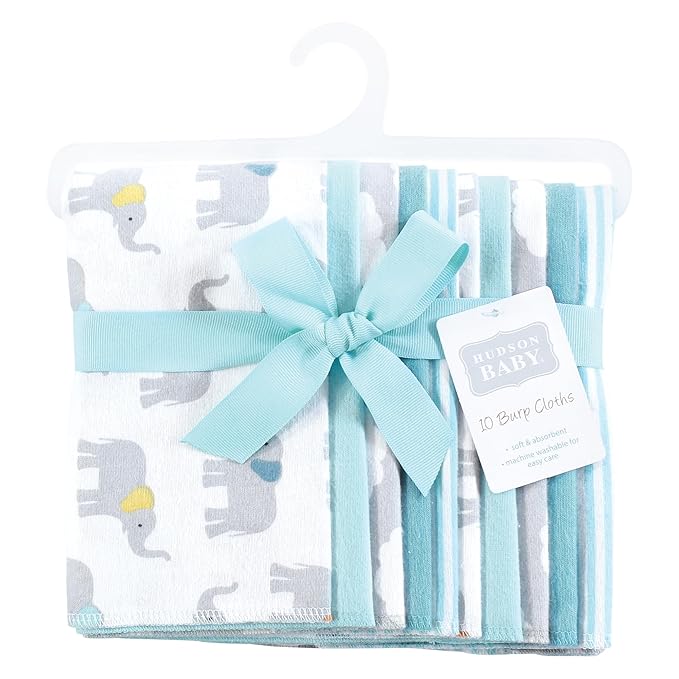 Hudson Baby Unisex Baby Flannel Burp Cloth 10pk, Teal Elephant, One Size