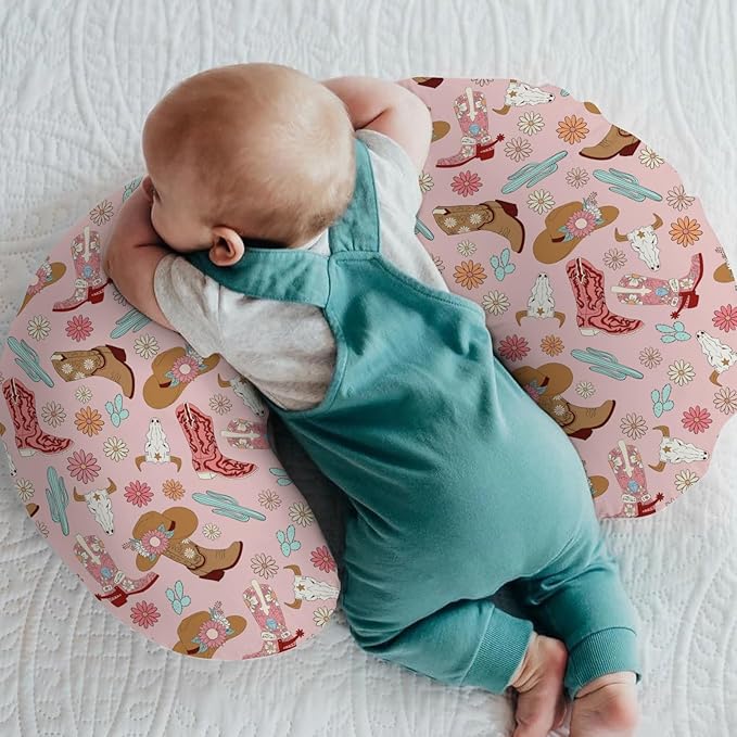 Boho Western Cowgirl Baby Nursing Pillow Covers for Girl Pink Cowgirls Boots Hat Cactus Floral Cow Skulls Nursery Slipcovers for Breastfeeding Pillows Wild West Soft Stretchy Cover for Newborn Infant