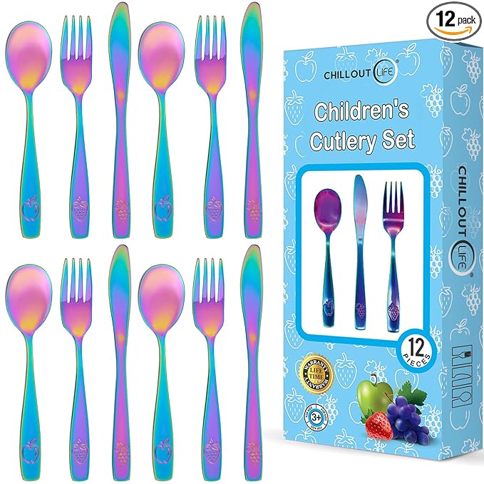 12 Piece Stainless Steel Kids Silverware Set - Child and Toddler Safe Flatware - Kids Utensil Set - Metal Kids Cutlery Set Includes 4 Small Kids Spoons, 4 Forks & 4 Knives - UV Rainbow