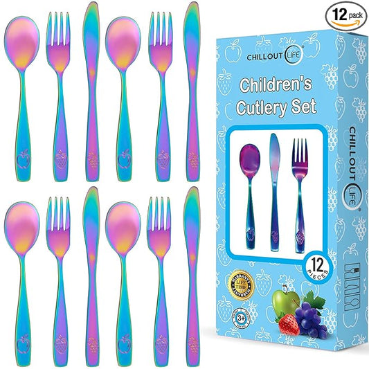 12 Piece Stainless Steel Kids Silverware Set - Child and Toddler Safe Flatware - Kids Utensil Set - Metal Kids Cutlery Set Includes 4 Small Kids Spoons, 4 Forks & 4 Knives - UV Rainbow
