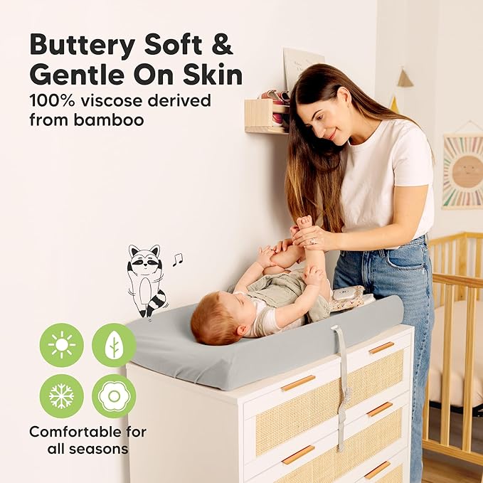 2-Pack Baby Changing Pad Cover for Girl, Boy - 34x18 Soft Viscose Derived from Bamboo Baby Diaper Changing Table Pad Cover Sheets, Neutral, Snug Fit Nursery Diaper Change Sheets (Steel)