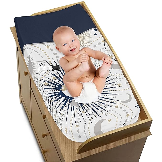 Sweet Jojo Designs Star and Moon Boy or Girl Baby Nursery Changing Pad Cover - Navy Blue, Gold, and Grey Celestial Sky Stars Gender Neutral Unisex