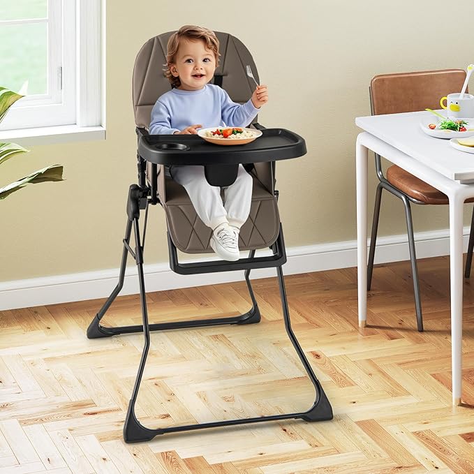 HONEY JOY High Chair, Foldable Baby Feeding Chair, Adjustable Tray & Footrest, Removable Easy-to-Clean PU Seat Cushion, 5-Point Harness, Cup Holder, Highchairs for Babies and Toddlers (Coffee)