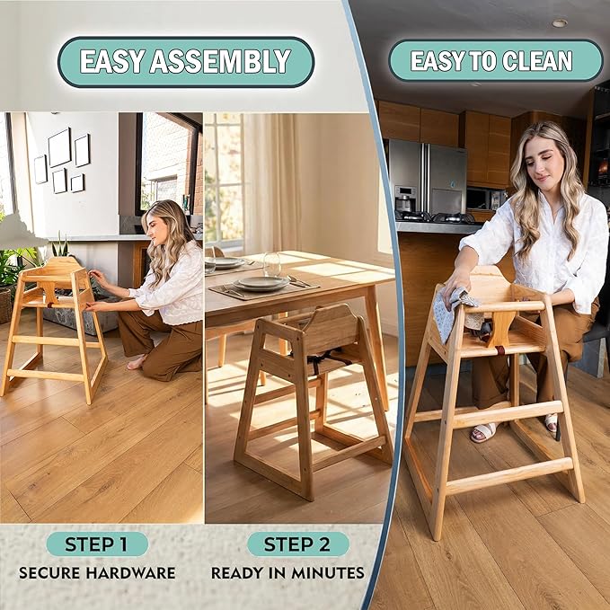 LA Baby Wooden High Chair - Restaurant Style Solid Wood Highchair for Babies and Toddlers - ASTM F404 Safety Certified - Stackable Design - Natural