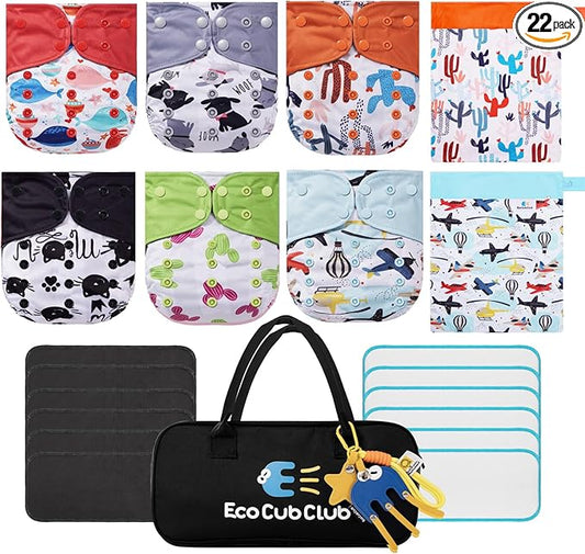 Reusable Washable Cloth Diapers 6pcs for Baby Shower,Leak-Proof Double Gussets Quick-Dry AWJ Lining,12 Soft Fleece Inserts & 2 Wet Bags,Packed in Durable Travel Handbag&Key Chain | B-06-A