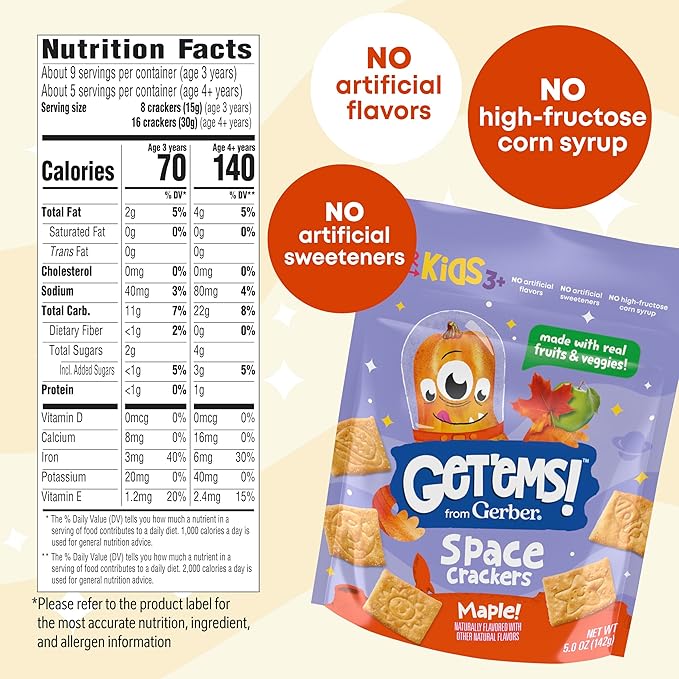 Get'ems! from Gerber, Snacks for Kids, Maple Space Crackers Snacks for Kids, Made with Real Veggies & Fruits, Iron & Vitamin E - 4 pack