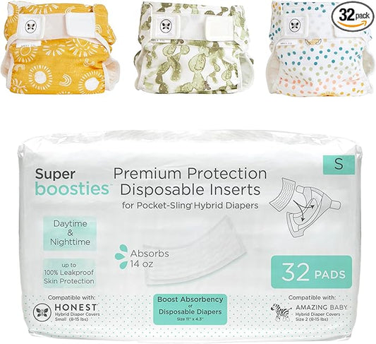 Super Boosties 32ct + Honest Hybrid Cloth Diaper Cover with Pocket-Sling, Small (8-15 lbs), Stops Nighttime Leaks, Boosties Disposable Diaper Inserts, Honest Cotton Muslin Covers, 3 Pack, Starter Kit