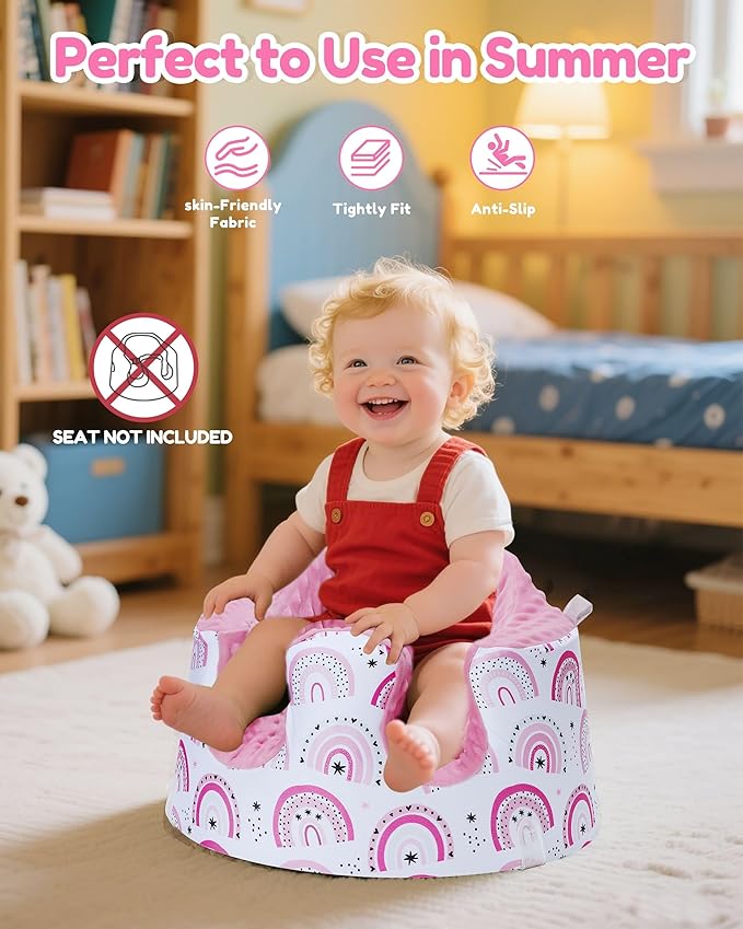 BOMOLOUR Seat Cover Compatible with Bumbo and Nuby Seat, Removable Breathable Baby Floor Seat Cover for Boys and Girls, Seat Not Included (Pink Rainbow)