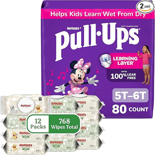 Pull-Ups for Girls + Natural Care Sensitive Wipes Bundle: Pull-Ups Training Pants, Size 5T-6T (46-60 lbs), 80 Count (2 Packs of 40) & Huggies Natural Care Sensitive Baby Wipes, 12 Packs, 768 Count